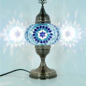 Turkish Morrocan Tiffany Mosaic Style Blue & White Table Lamp w/Hammered Bronze